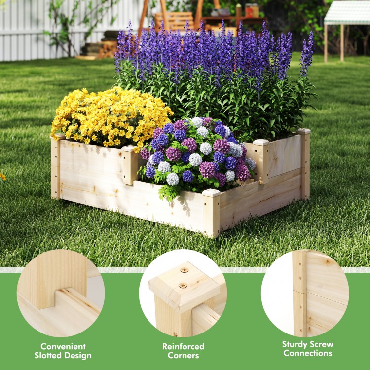 3-tier wooden raised garden bed with natural finish, featuring reinforced corners and open-ended base for healthy plant.