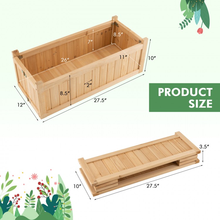 Folding wooden raised garden bed with removable bottom, 27.5" x 10" x 12", ideal for herbs, fruits, and flowers.