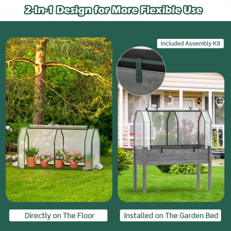 Mini greenhouse with roll-up zipper door, 2-in-1 design for ground or raised bed use, sturdy metal frame, and PE cover.