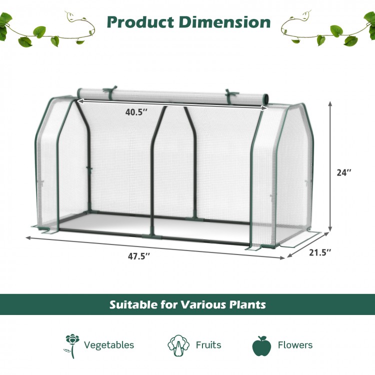 Mini greenhouse measuring 47.5 x 21.5 x 24 inches with roll-up zipper door, ideal for various plants and weather.