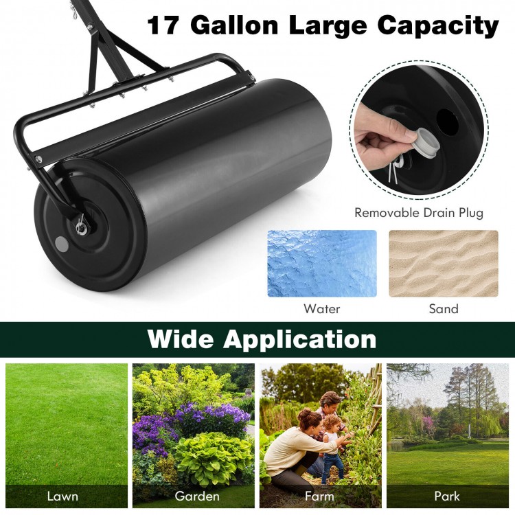 Metal lawn roller with detachable handle, 17-gallon capacity, for yard and garden leveling, featuring a removable drain.