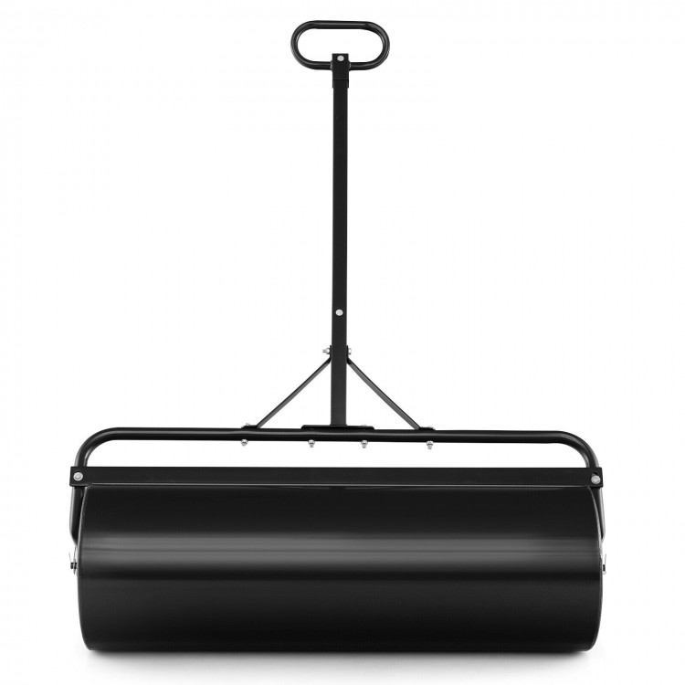 Metal lawn roller with detachable gripping handle, 17-gallon capacity, designed for easy push, pull, or tow use.