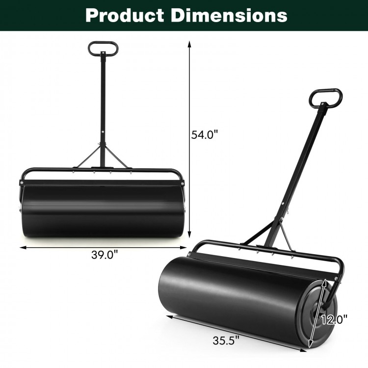 Metal lawn roller dimensions with detachable gripping handle, 39" wide and 54" tall, ideal for yard and garden use.