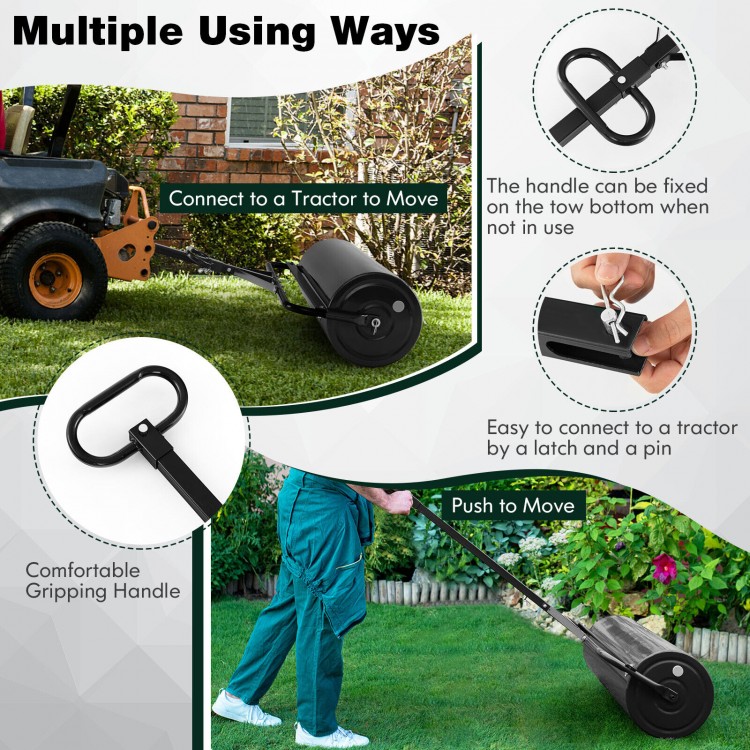 Metal lawn roller with detachable gripping handle, designed for push, pull, or tow behind a tractor for versatile use.