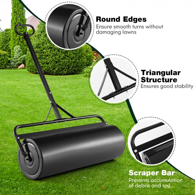 Metal lawn roller with detachable gripping handle, 17-gallon capacity, designed for stability and easy towing in.