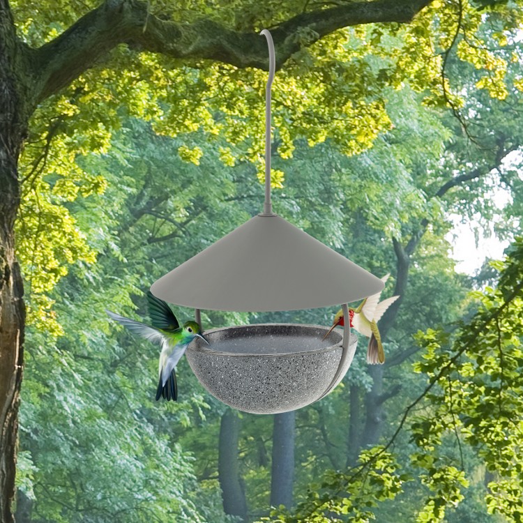 Hanging bird feeder with protective roof, showcasing a convenient design for birds to access seeds and bath easily.