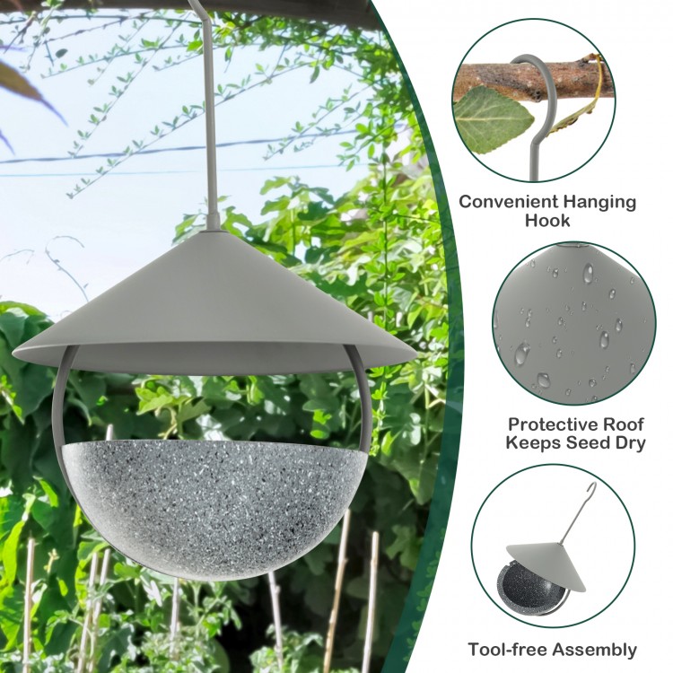 Metal hanging bird feeder with weatherproof dome, rust-proof frame, and protective roof for dry seeds, ideal for.