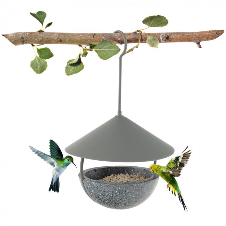 Hanging bird feeder with weatherproof dome, featuring a sturdy metal frame and easy-to-clean seed bowl, ideal for wild.