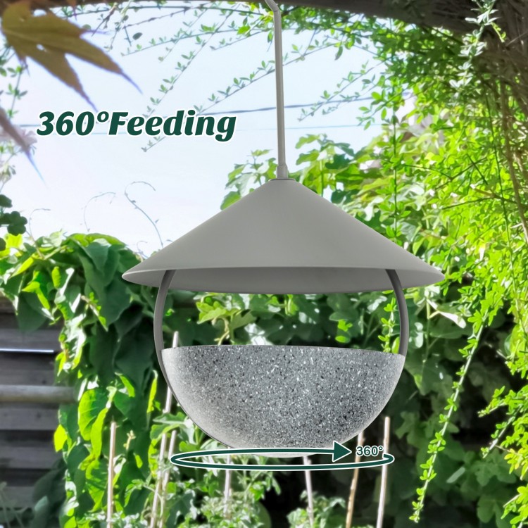 Metal hanging bird feeder with weatherproof dome, featuring a 360-degree feeding design and rust-proof frame for.