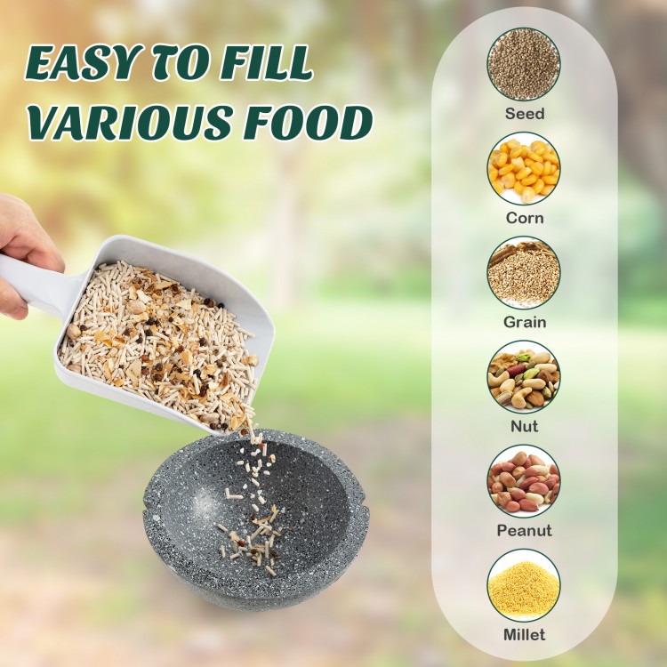 Metal hanging bird feeder showing easy filling of various seeds, featuring a weatherproof dome for outdoor use.