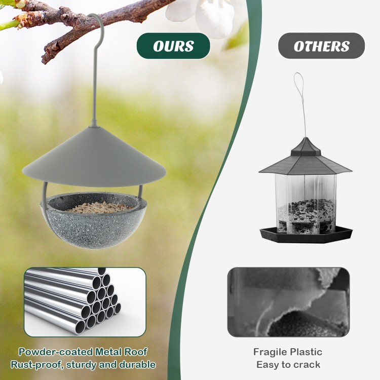 Metal hanging bird feeder with weatherproof dome, powder-coated frame, and easy-to-clean seed bowl for outdoor use.