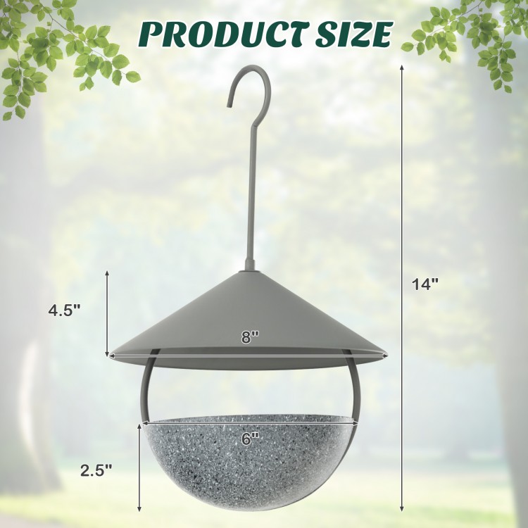 Metal hanging bird feeder and bath with weatherproof dome, measuring 14" tall, 8" wide, and 6" bowl diameter.