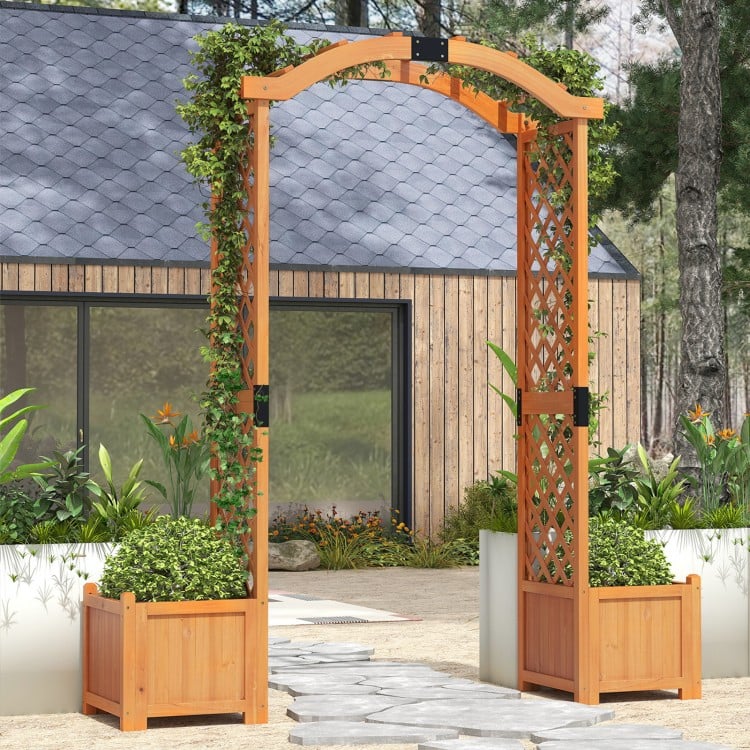 Wooden garden arbor with planter and trellis for climbing plants, featuring fir wood and decorative arch design for.