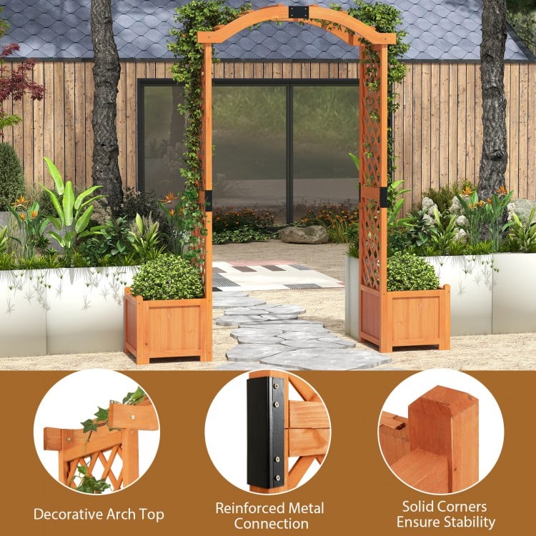 Wooden garden arbor with decorative arch, trellis for climbing plants, and deep planter boxes for versatile outdoor.