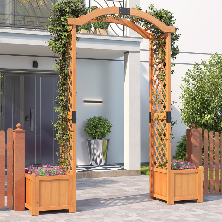 Wooden garden arbor with trellis and two planter boxes for climbing plants, perfect for outdoor decoration and.