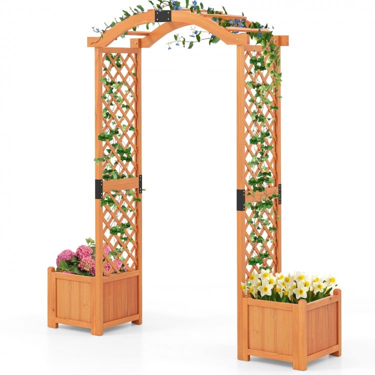 Wooden garden arbor with planter boxes and trellis for climbing plants, ideal for outdoor decoration and gardening.