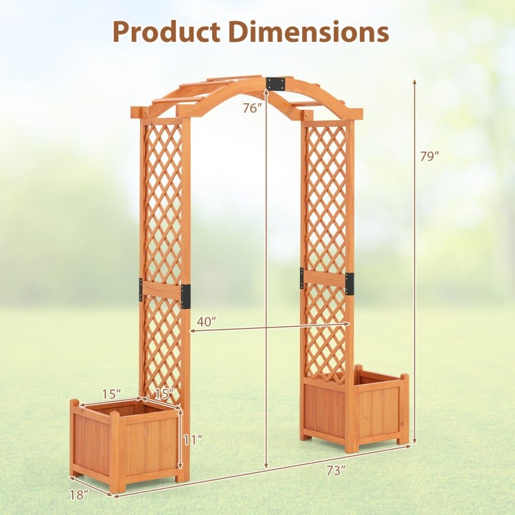 Wooden garden arbor with trellis and planter boxes, featuring dimensions of 76"x79" for climbing plants and decorations.