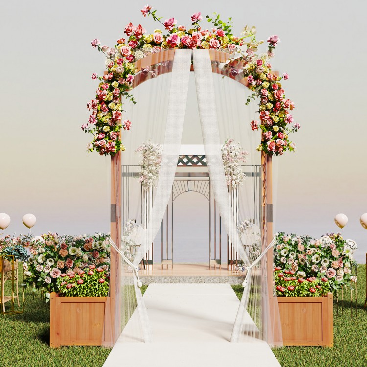 Wooden garden arbor with floral decorations, featuring planter boxes and a trellis for climbing plants, ideal for.