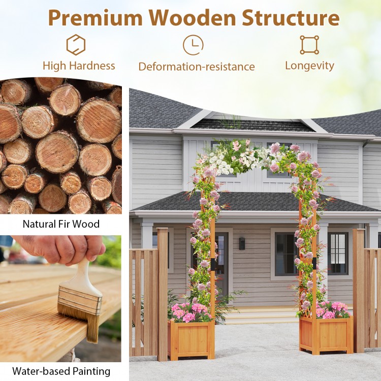 Wooden garden arbor with planter and trellis for climbing plants, made from fir wood, ideal for outdoor decoration.