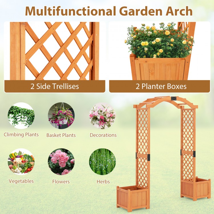 Wooden garden arbor with trellis and two planter boxes, perfect for climbing plants and outdoor decorations.