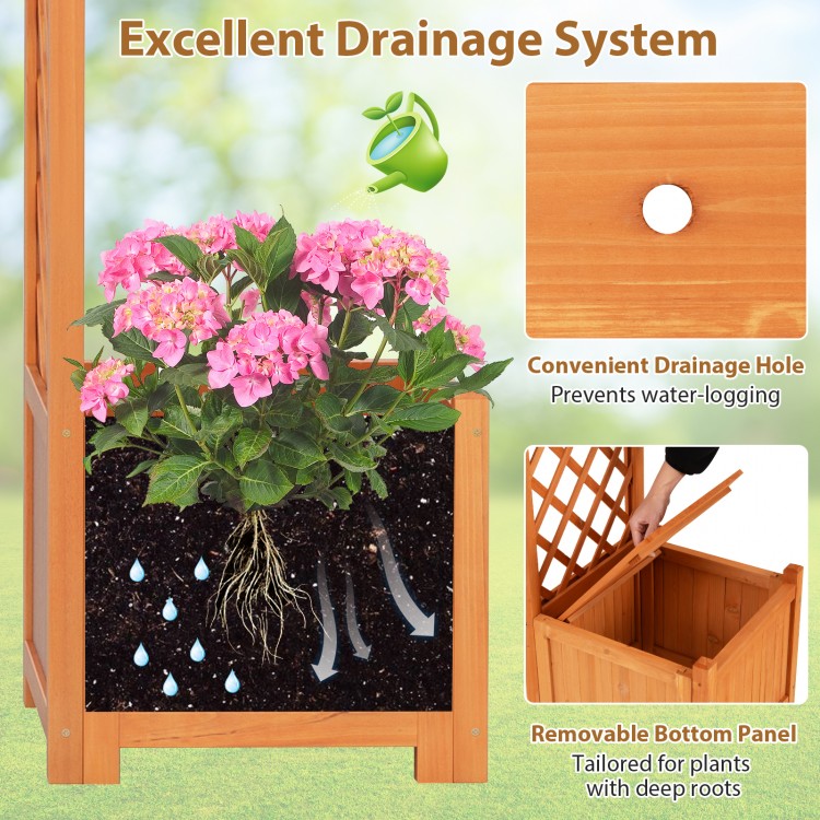 Wooden garden arbor with planter and trellis, featuring drainage holes and deep planter boxes for climbing plants.