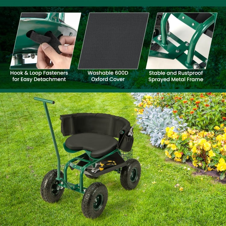 Rolling garden cart with height adjustable swivel seat, storage basket, and durable 600D oxford cover for outdoor use.