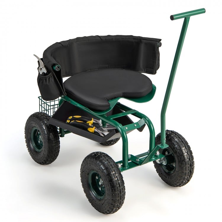 Rolling garden cart with height adjustable swivel seat, storage basket, and 10" inflatable wheels for easy mobility.