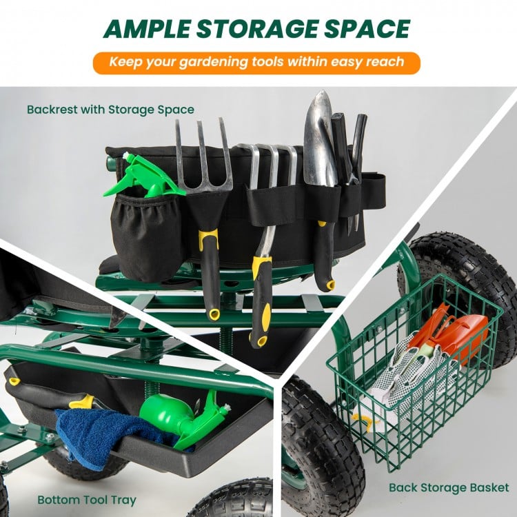 Rolling garden cart with height adjustable swivel seat, backrest storage, and bottom tool tray for convenient gardening.