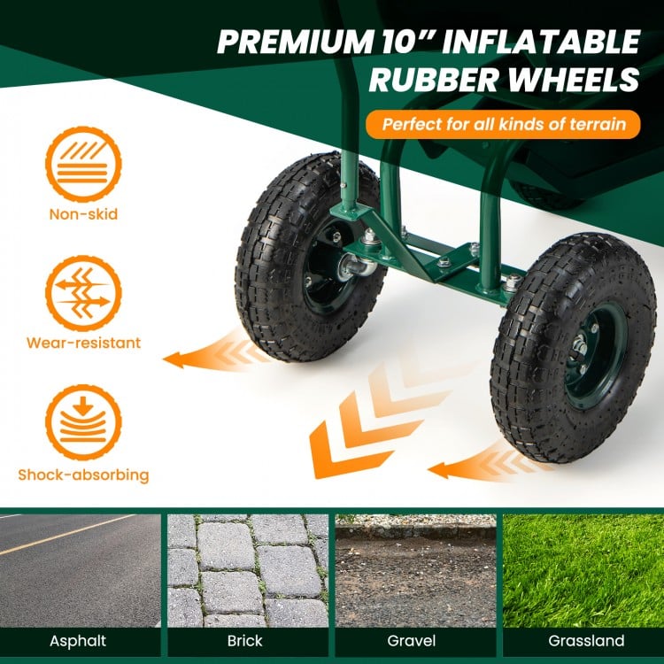 Close-up of premium 10" inflatable rubber wheels on a green rolling garden cart, designed for shock absorption and.