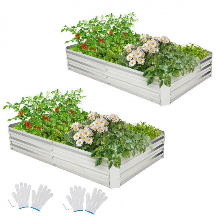 Galvanized metal raised garden beds, 6 x 3 ft, with open-ended base for growing vegetables and flowers, includes gloves.