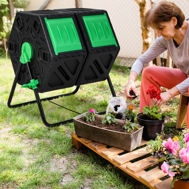Dual chamber garden compost tumbler in black and green, featuring sliding doors for easy access to compost.