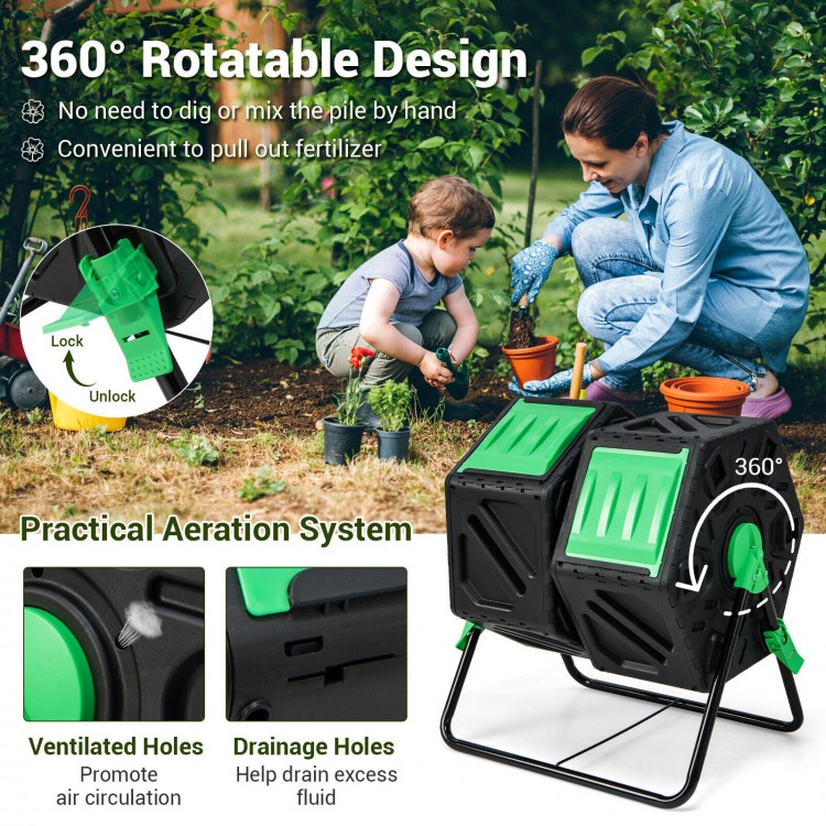 Dual chamber garden compost tumbler in black and green, featuring a 360° rotatable design for easy compost access.