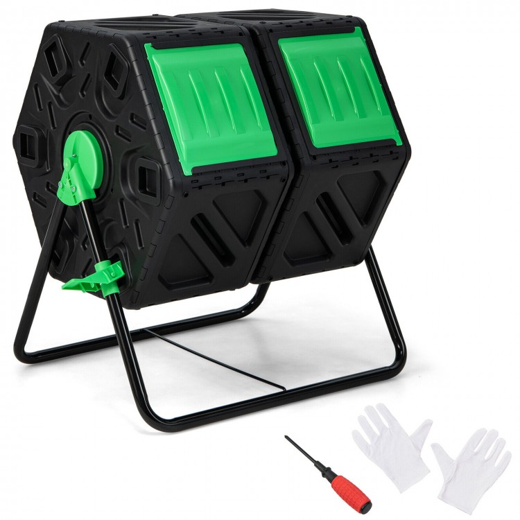 Dual chamber garden compost tumbler in black and green with sliding doors for easy access, includes gloves and.