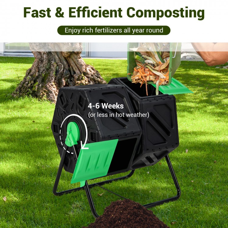 Dual chamber garden compost tumbler in black and green with sliding doors for efficient composting in 4-6 weeks.