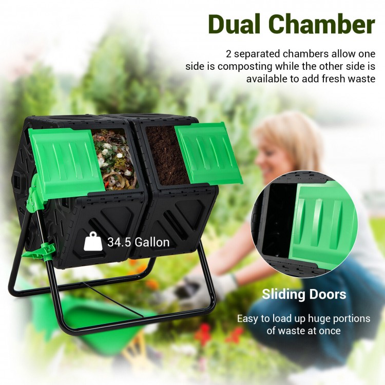 Dual chamber garden compost tumbler in black and green with sliding doors, designed for efficient composting in 4-6.
