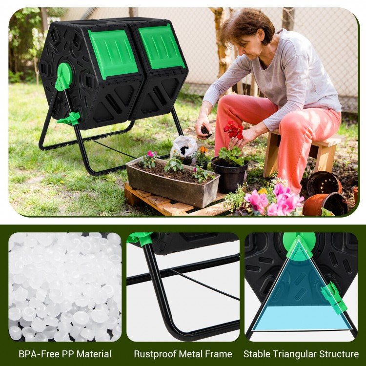 Dual chamber garden compost tumbler in black and green, featuring a rustproof metal frame and sliding doors for easy.