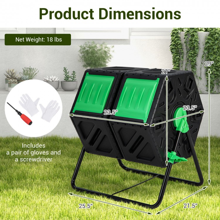 Dual chamber garden compost tumbler in black and green with sliding doors, 360° rotation, and durable PP material.