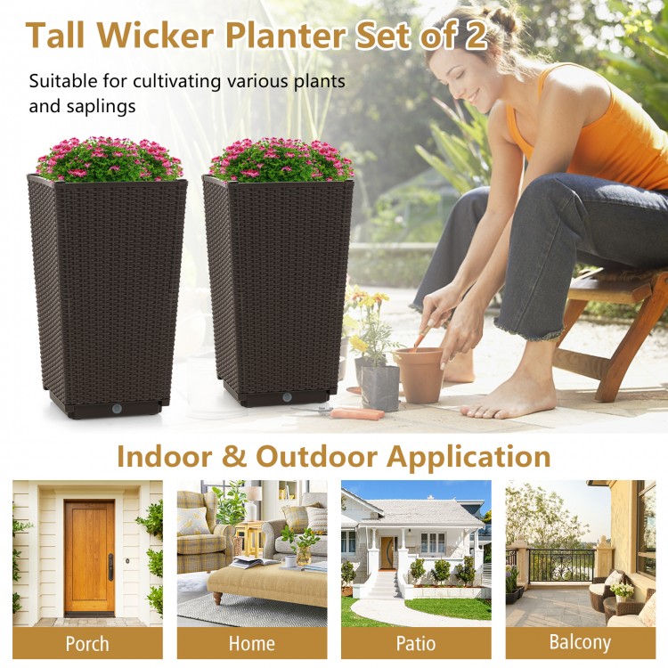 Tall wicker flower pots set of 2 in brown, ideal for indoor and outdoor use, featuring drainage holes for plant care.