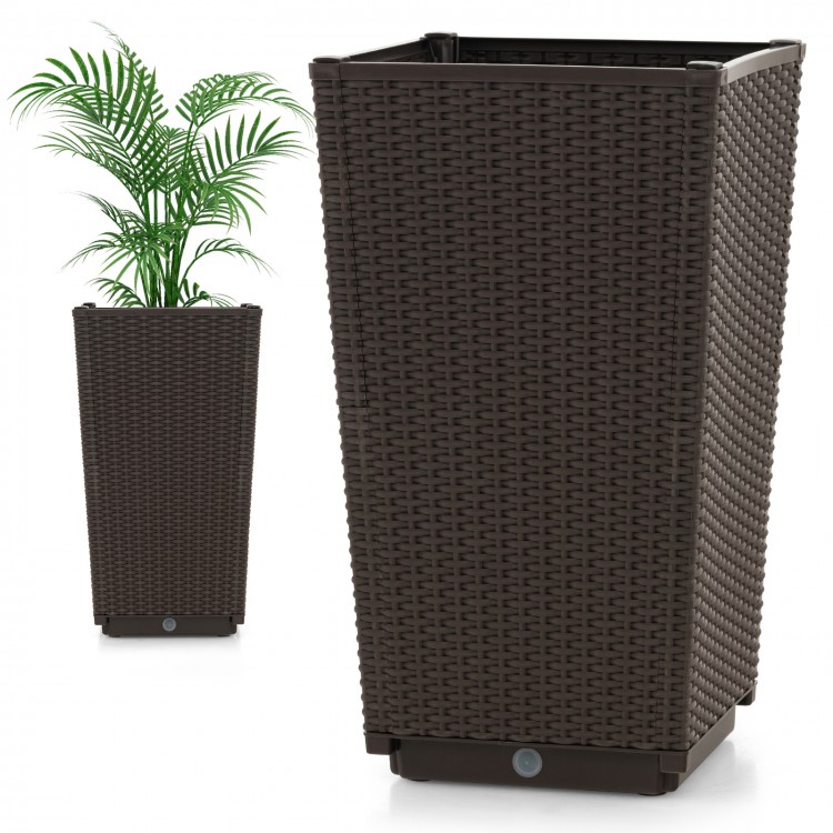 Brown wicker flower pot with drainage hole, ideal for outdoor use, featuring self-watering disk for optimal plant care.