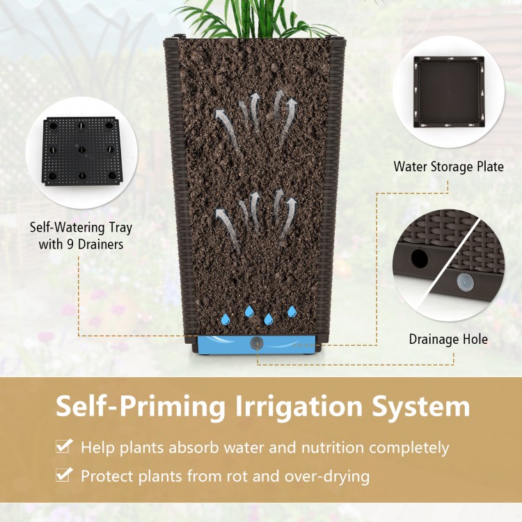 Brown wicker flower pot set of 2 with self-priming irrigation system and drainage hole for outdoor decoration.