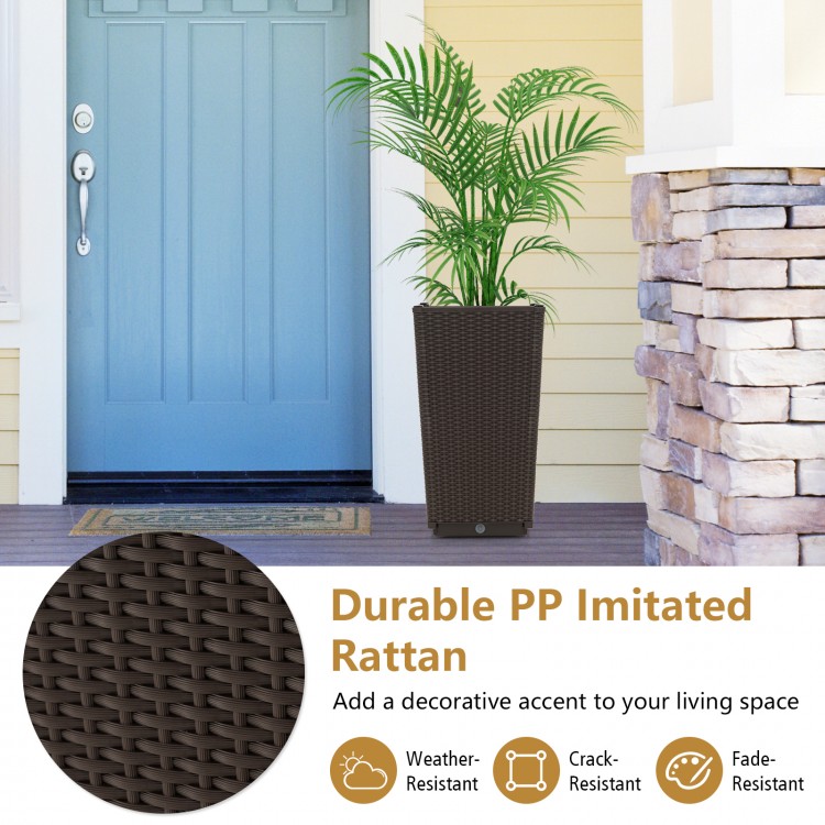 Brown outdoor wicker flower pot with drainage hole, made of durable PP material, ideal for porch or balcony decoration.