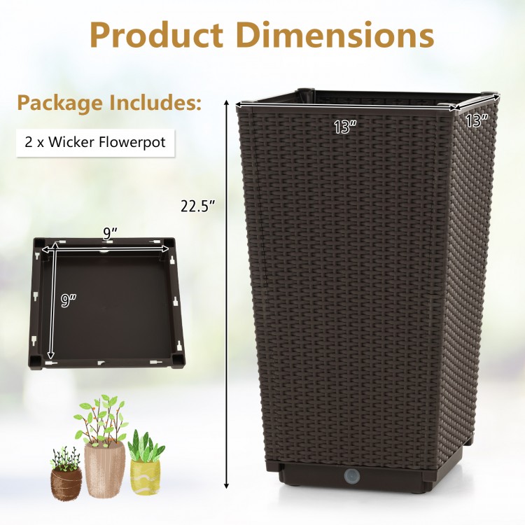 Brown wicker flower pot with drainage hole, measuring 22.5 inches, ideal for outdoor porch or balcony decoration.