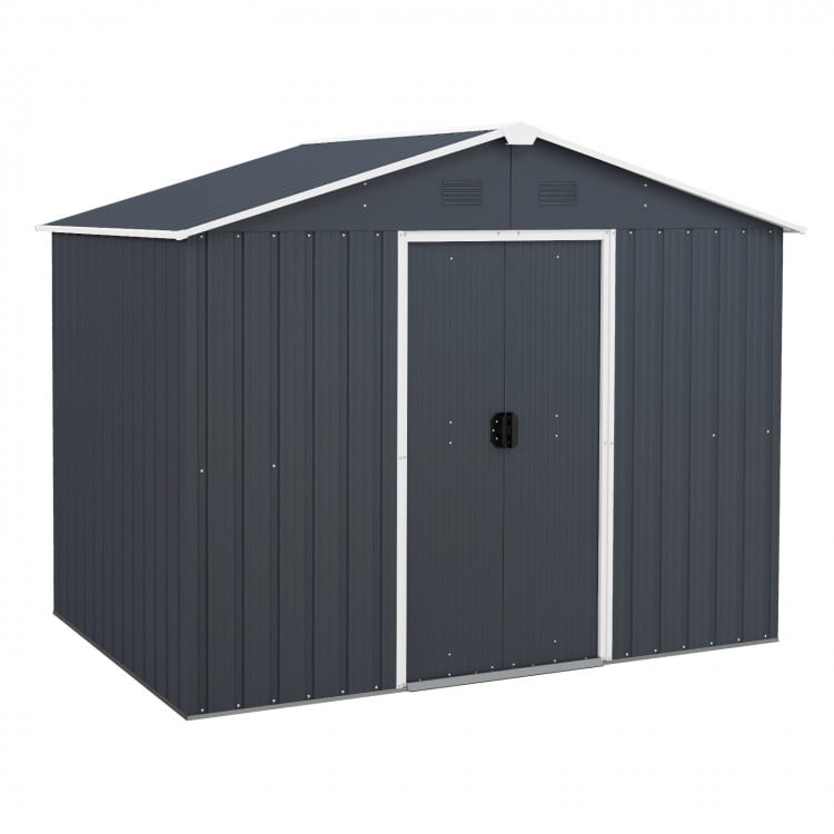 Outside storage shed with lock, featuring a sturdy design, air windows for ventilation, and a sliding door for easy.