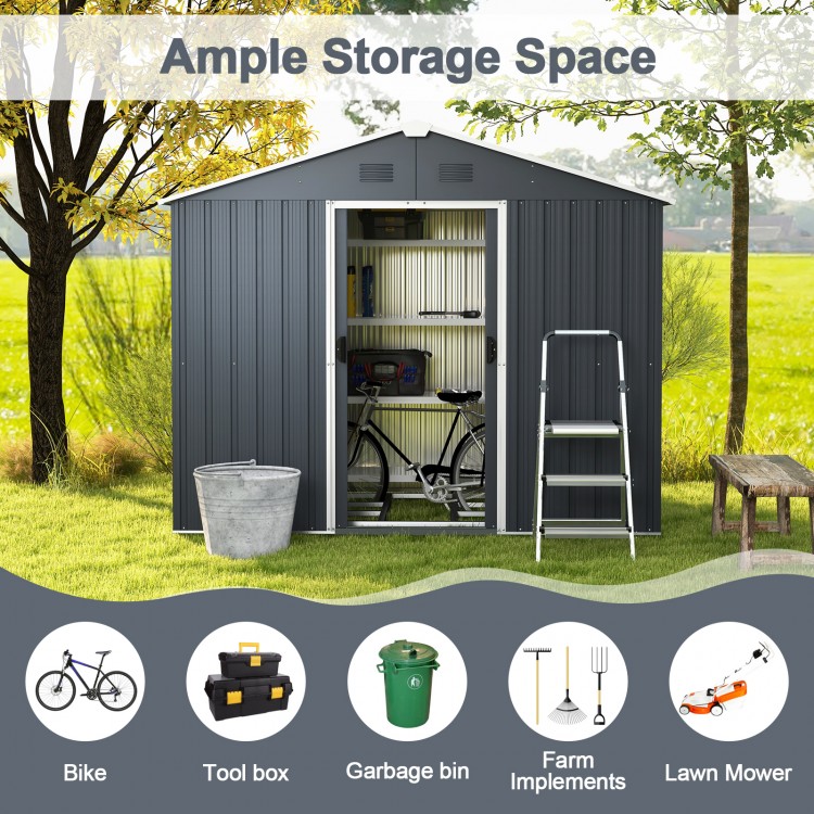 Outside storage shed with lock and air window, featuring a sliding door and ample space for bikes and tools.