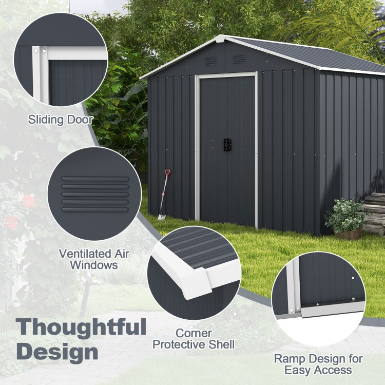 Outside storage shed with sliding door, ventilated air windows, and ramp design for easy access and durability.