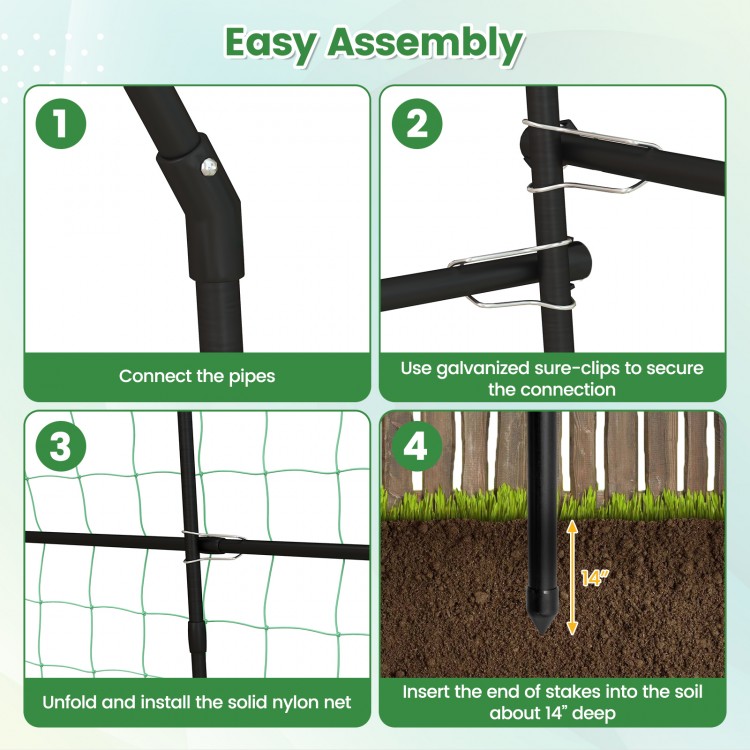 7.5 feet garden arch trellis with PE coated metal structure, featuring easy assembly steps for climbing plants.