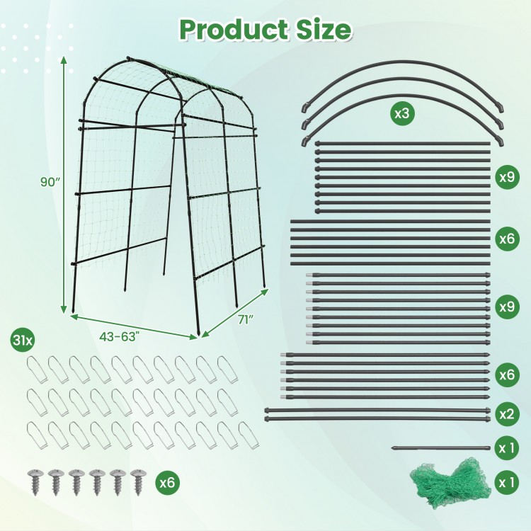 Garden arch trellis with PE coated metal structure, 7.5 feet tall, includes assembly parts and installation guide for.
