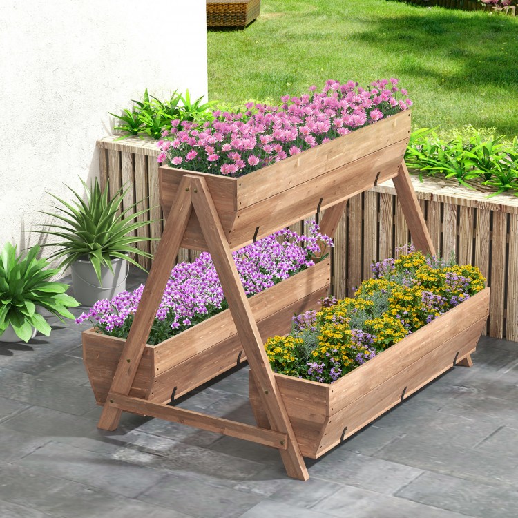 Vertical raised garden bed with three wooden planter boxes, made of natural fir wood, perfect for growing diverse.