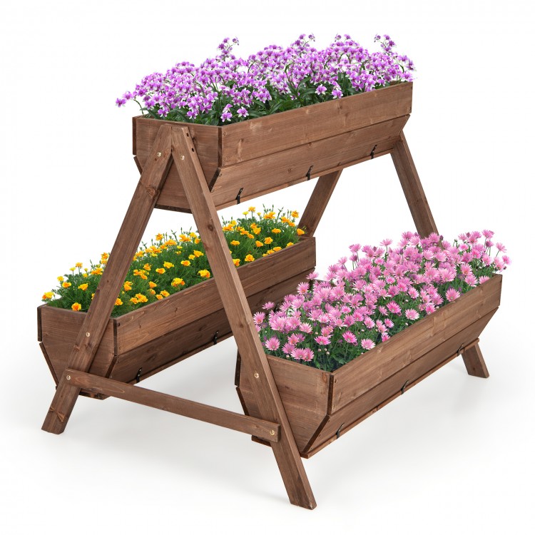 A side view of the vertical raised garden bed showcasing three planter boxes filled with colorful flowers, made of fir.