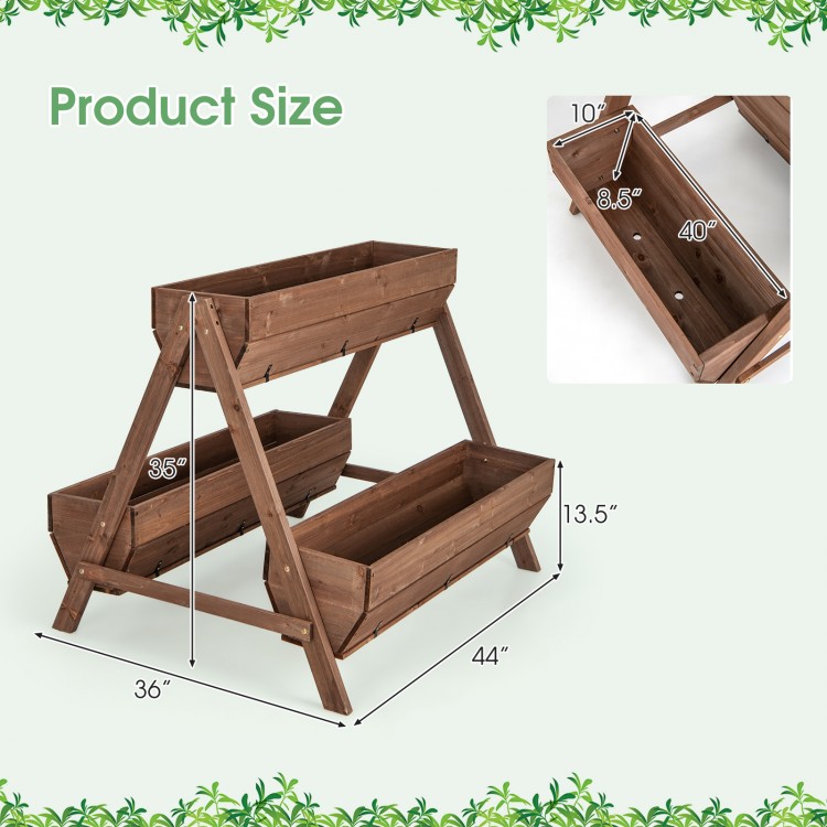 Vertical raised garden bed with three wooden planter boxes, made of fir wood, ideal for growing diverse plants.